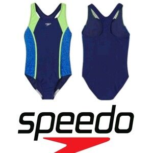 Speedo Youth Girls S (7/8) Racerback Sport Splice One Piece Swimsuit Blue Green